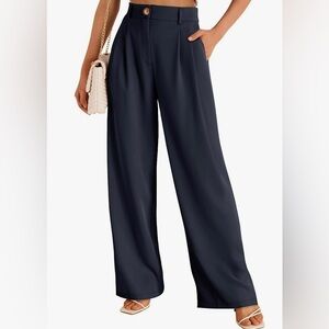Wide Leg Dress Pants Women's High Waisted Dressy Trousers-Navy Blue